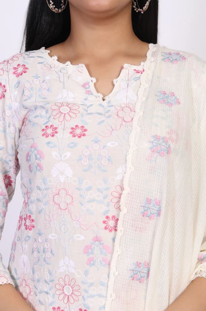 Off-White Embroidered Lace Trim Straight Cotton Kurta with Flared Pant and Dupatta Set — photo 3