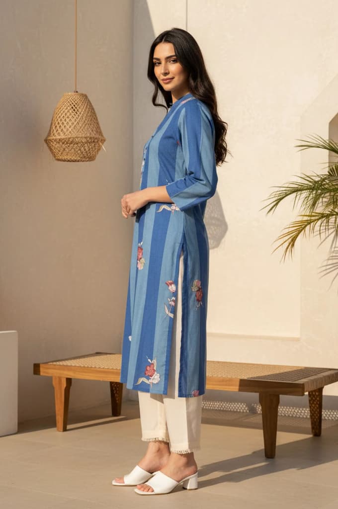 Blue Colour Block Floral Printed Pure Cotton Straight Kurta — photo 3