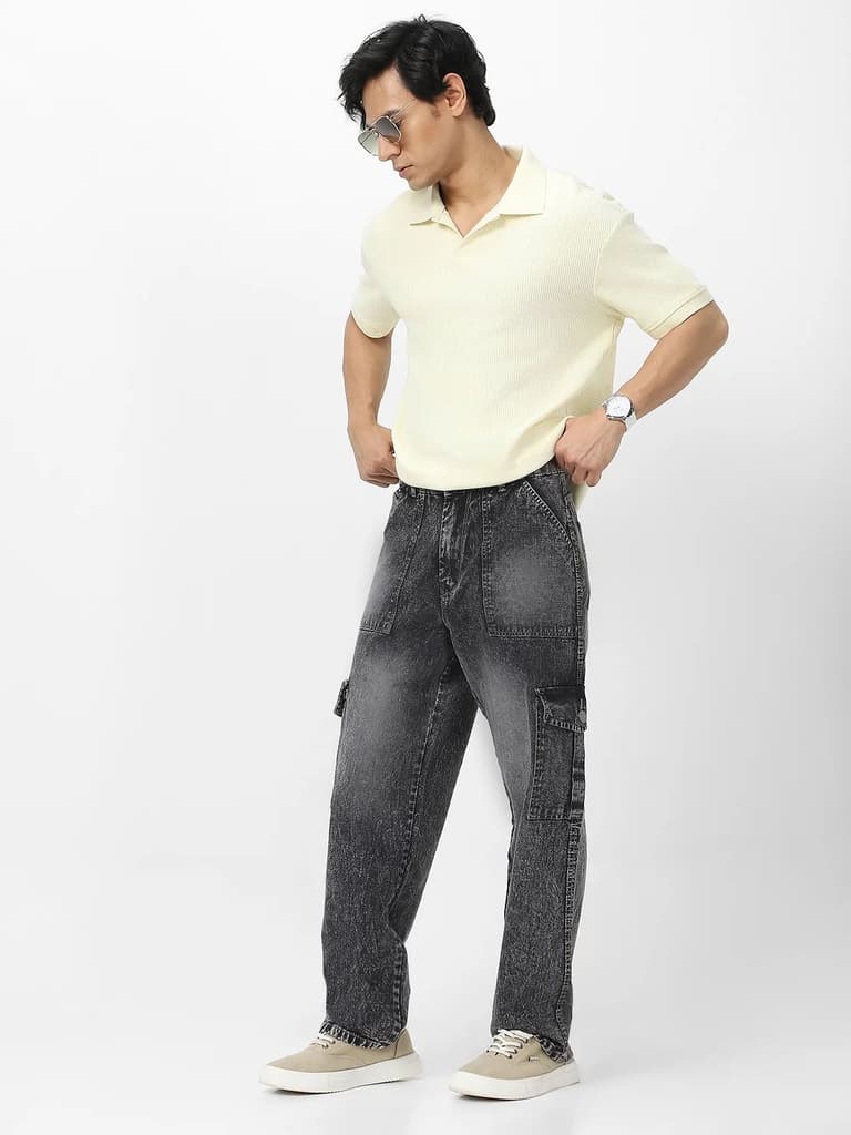 Men's Grey Loose Fit Cargo Jeans With 6 Pockets Non Stretchable — photo 4