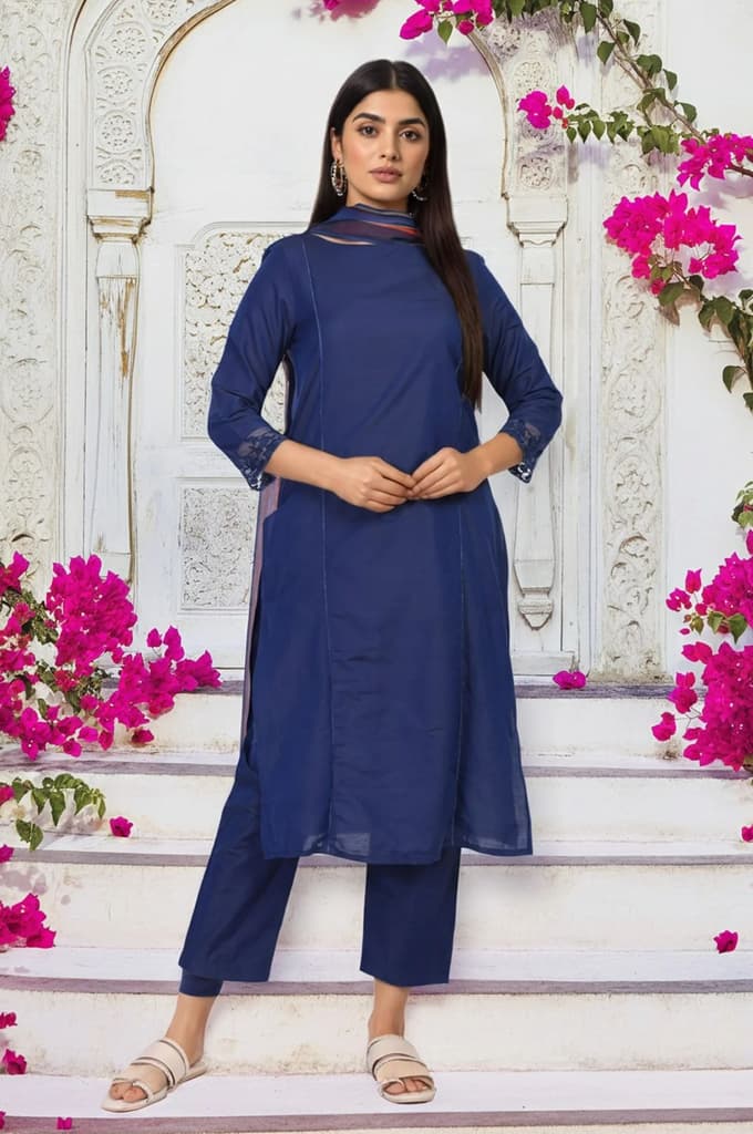 Navy Blue Solid Lace Trim Straight Kurta with Straight Pant and Dupatta Set — photo 2