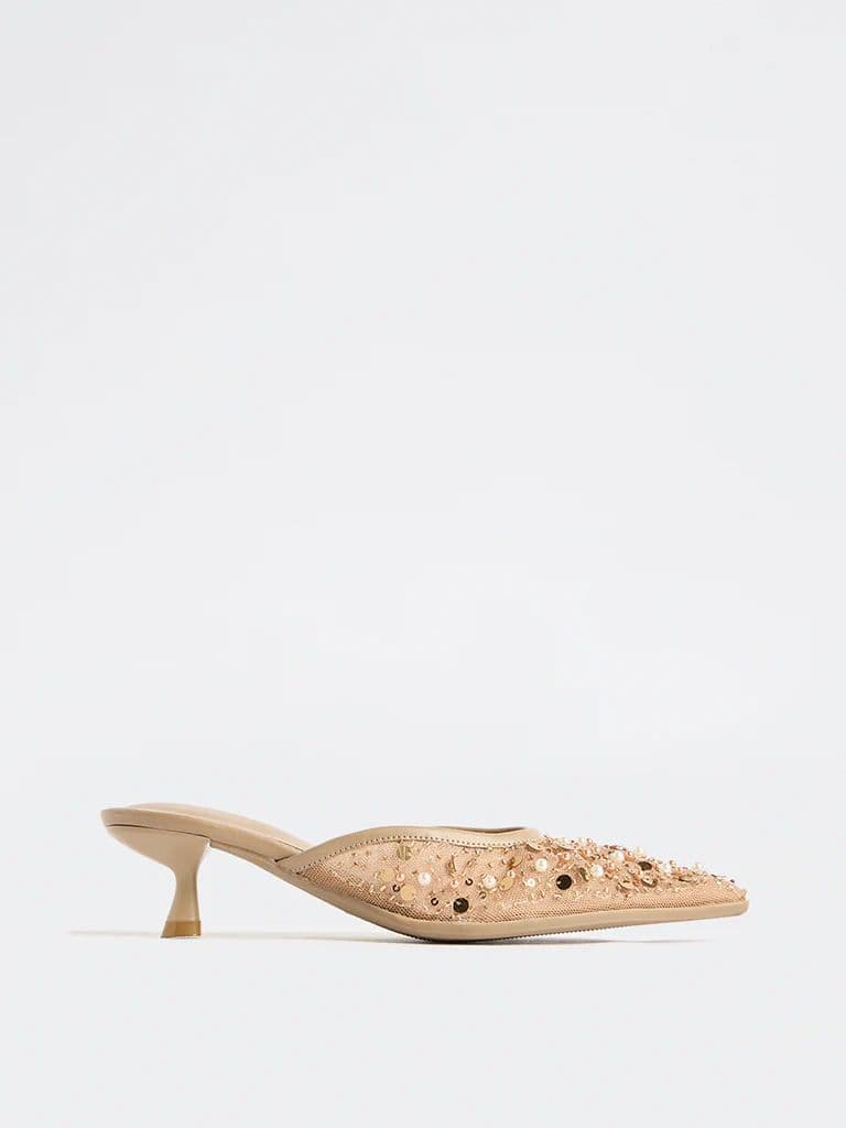 LUNA BLU Beige Embellished Kitten-Heel Mules — photo 2