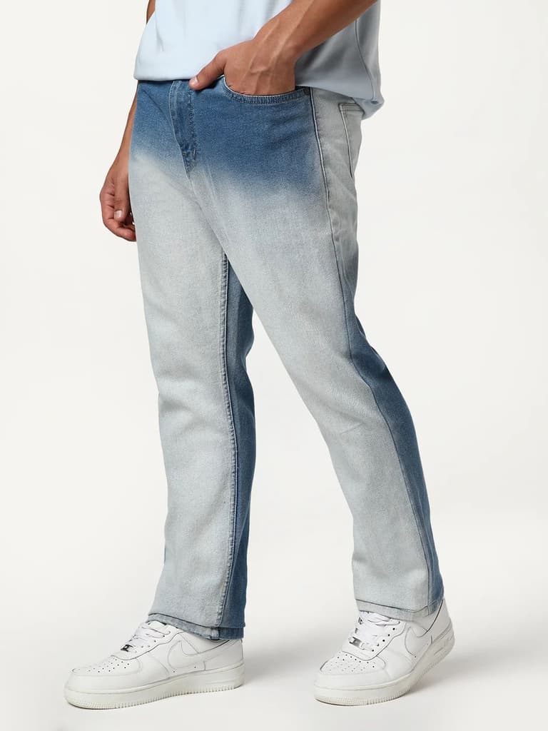Men's Light Blue Straight Fit Heavy Washed Faded Denim Jeans Stretchable — photo 3
