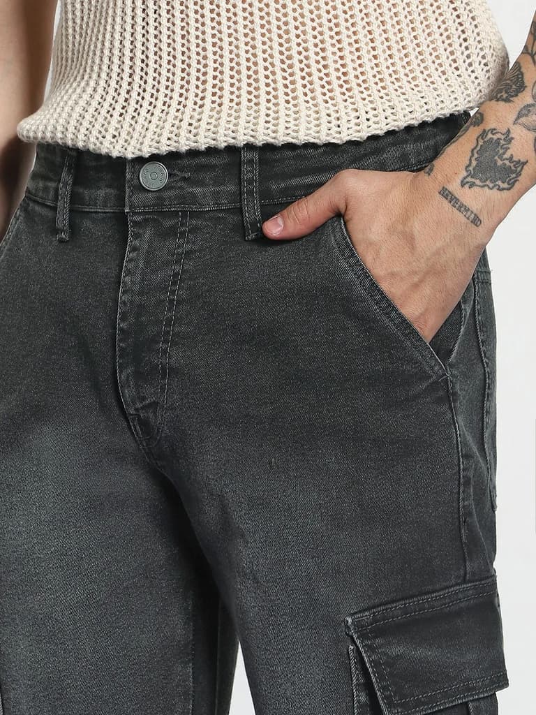 Men's Grey Regular Fit Washed Cargo Jeans With 6 Pockets Stretchable — photo 7