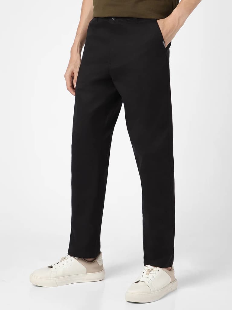 Men's Black Cotton Regular Fit Casual Chinos Trousers Stretch — photo 2