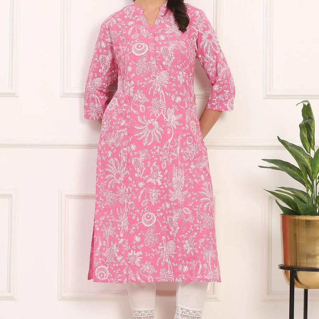 Pink Floral Printed Lurex-Embellished Straight Cotton Lurex Kurta