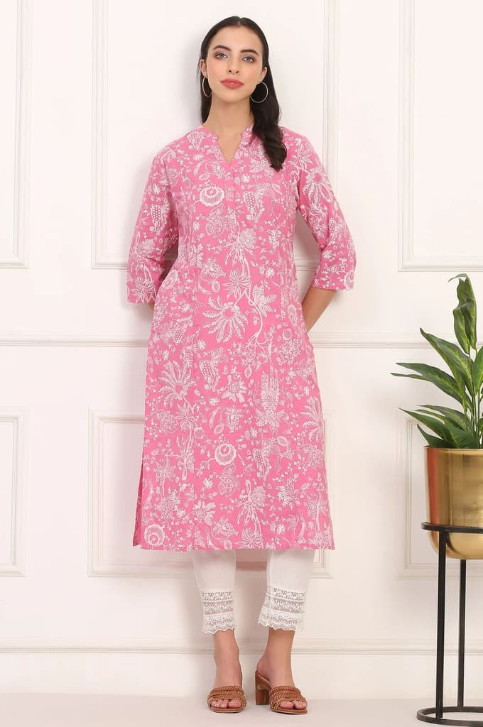 Pink Floral Printed Lurex-Embellished Straight Cotton Lurex Kurta — XS