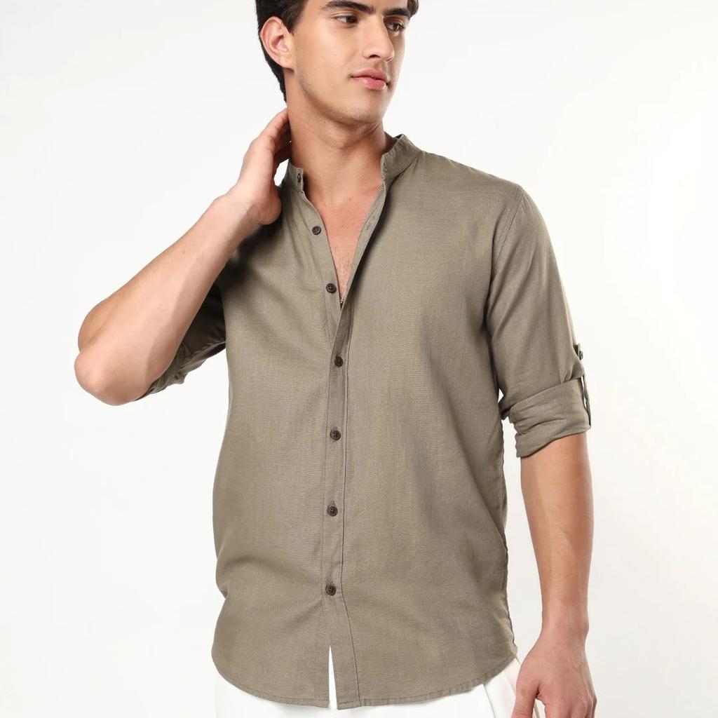 Men's Coffee Linen Blend Full Sleeve Relaxed Fit Mandarin Collar Casual Solid Shirt