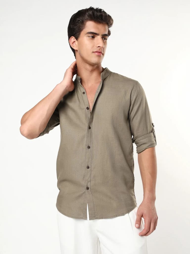 Men's Coffee Linen Blend Full Sleeve Relaxed Fit Mandarin Collar Casual Solid Shirt — S / Coffee