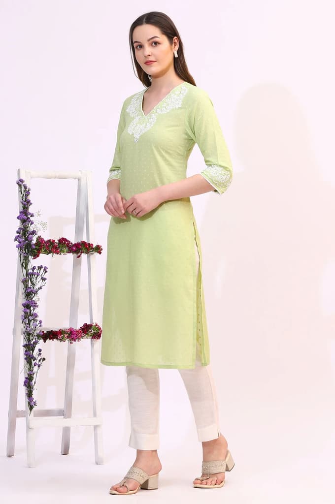 Pistachio Green Mirror Work Pure Cotton Straight Kurta — photo 5