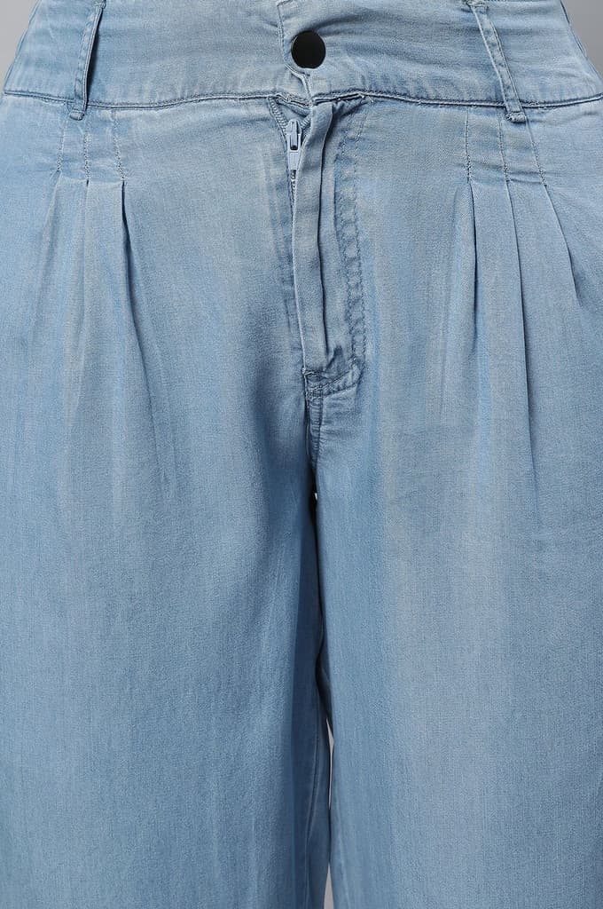 Light Blue Solid Straight Fit Denim Palazzo With Pleated Detail — photo 6