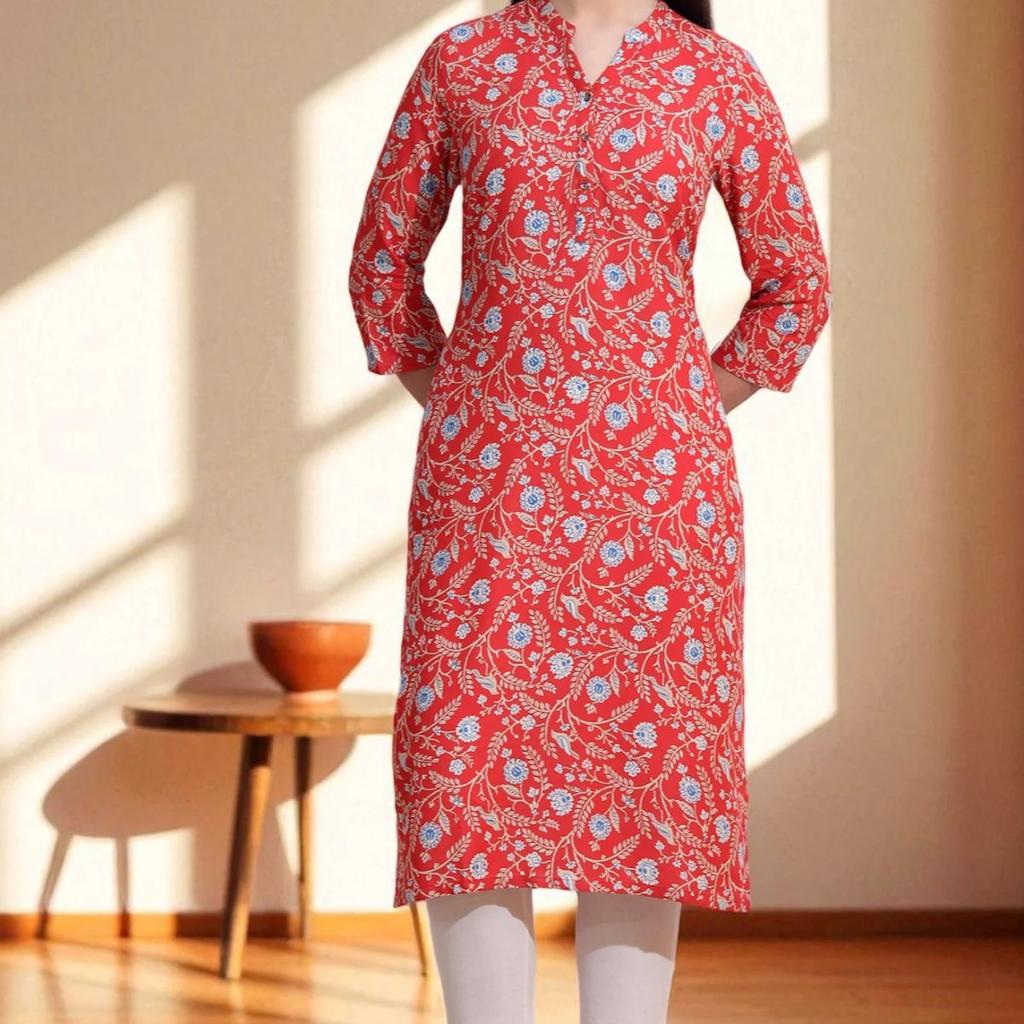 Orange Bold Floral Printed Cotton Cambric Straight Kurta
