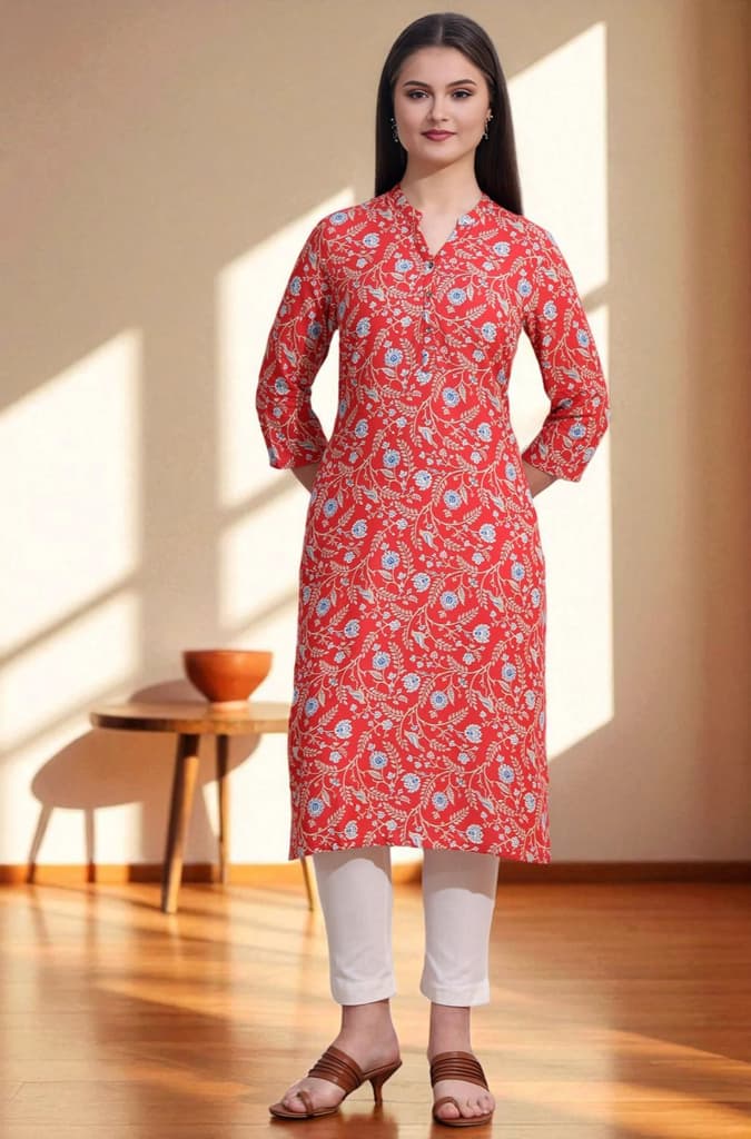 Orange Bold Floral Printed Cotton Cambric Straight Kurta — XS