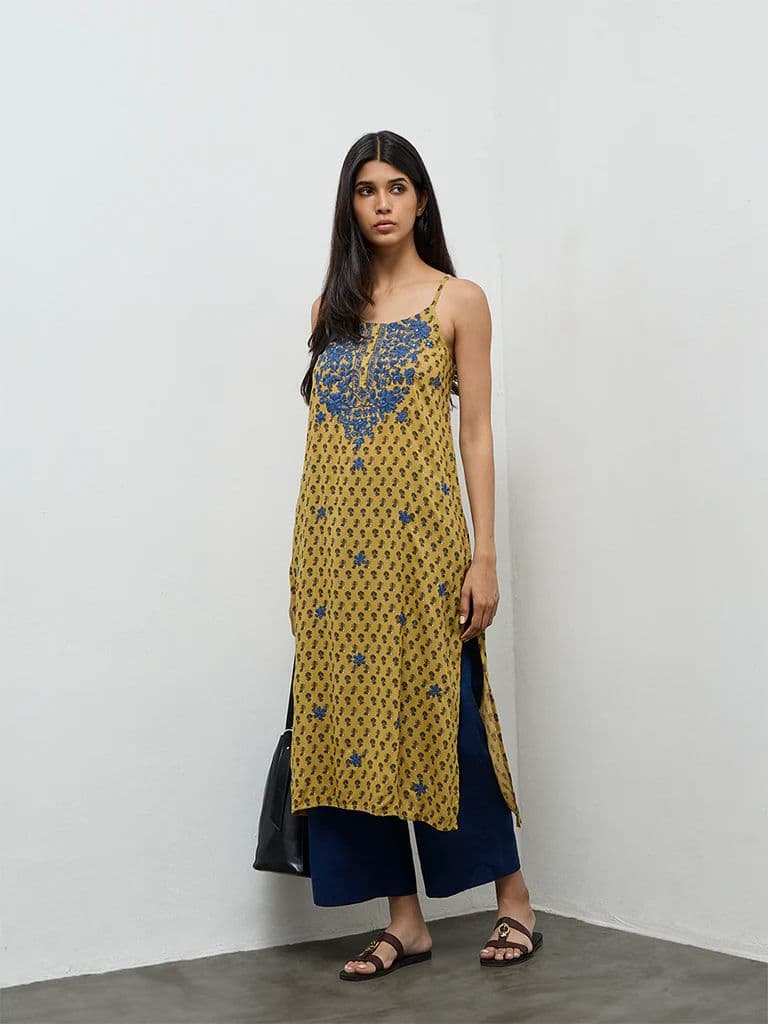 Utsa Mustard Floral Printed A-Line Kurta — photo 2