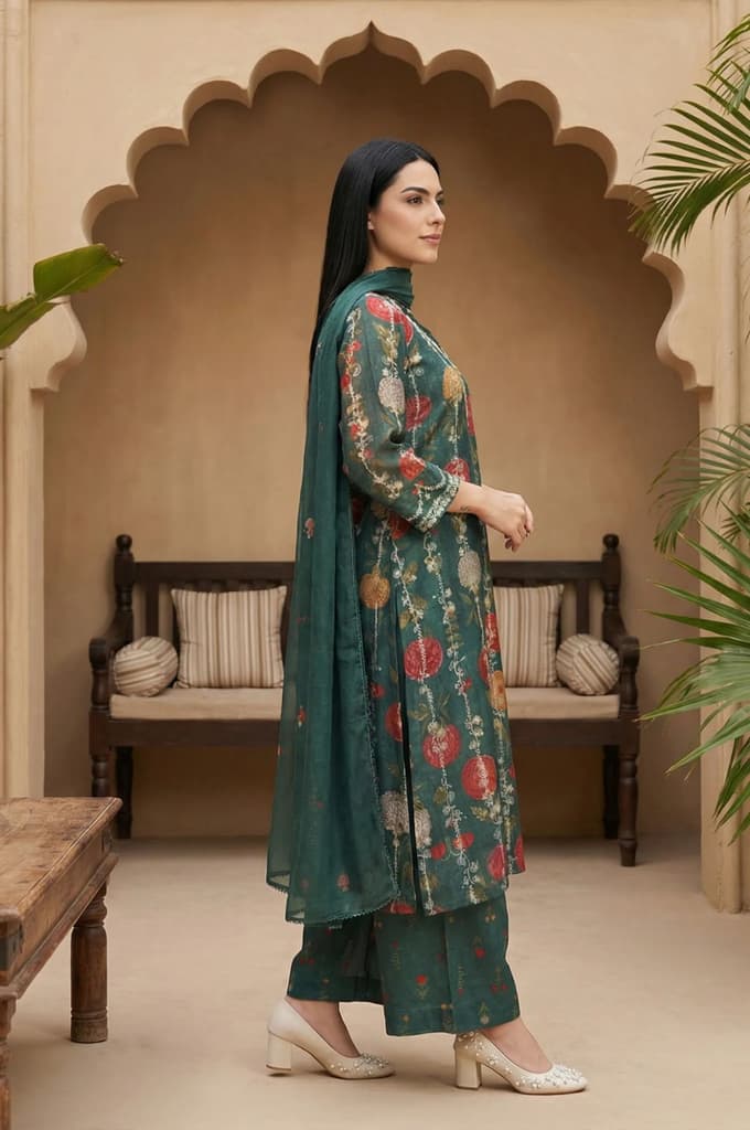 Green Floral Printed Straight Kurta with Flared Pants and Dupatta Set — photo 5