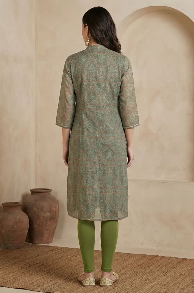 Green Botanical Printed Chiffon Straight Kurta with Sequin — photo 5