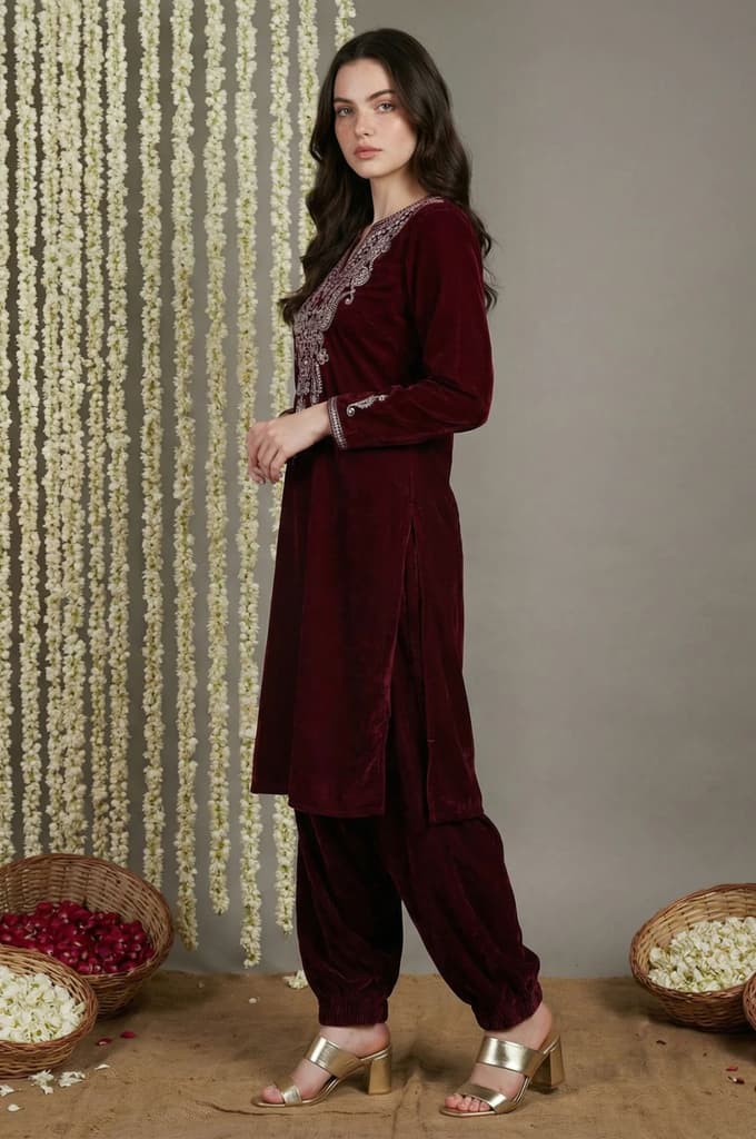 Maroon Straight Kurta with Parallel Pant and Dupatta — photo 3