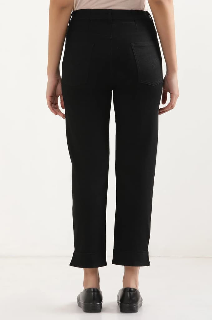 Black Solid Straight Fit Denim Pants With Side Slit — photo 4
