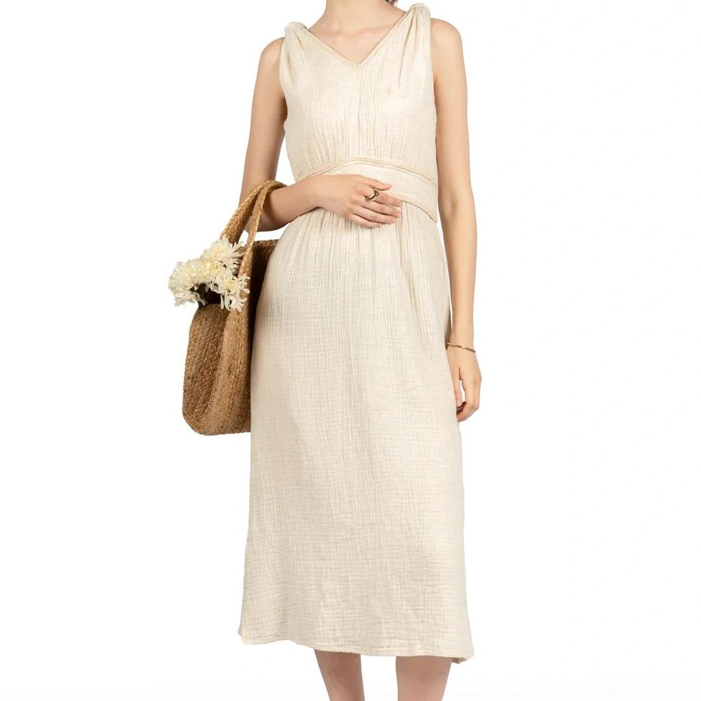 Beige Cotton Fit & Flare Midi Dress