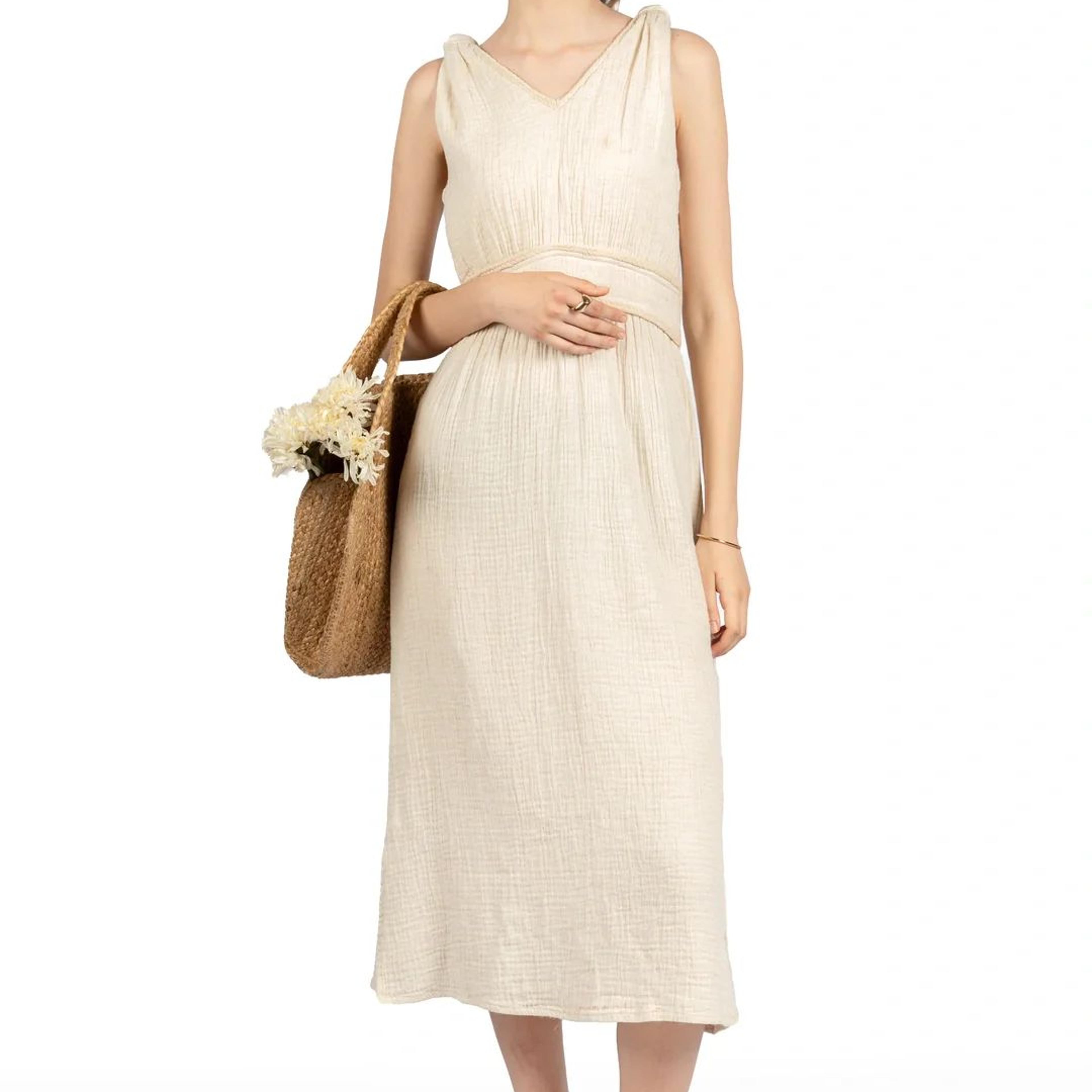 Beige Cotton Fit & Flare Midi Dress