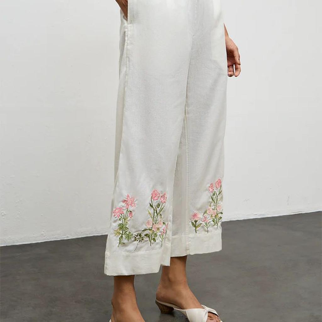 Utsa Off-White Floral Embroidered Cotton-Blend Pants