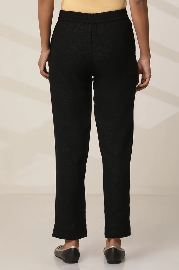 Black Solid Slim Fit Woven Pants With Elasticated Waist — photo 4