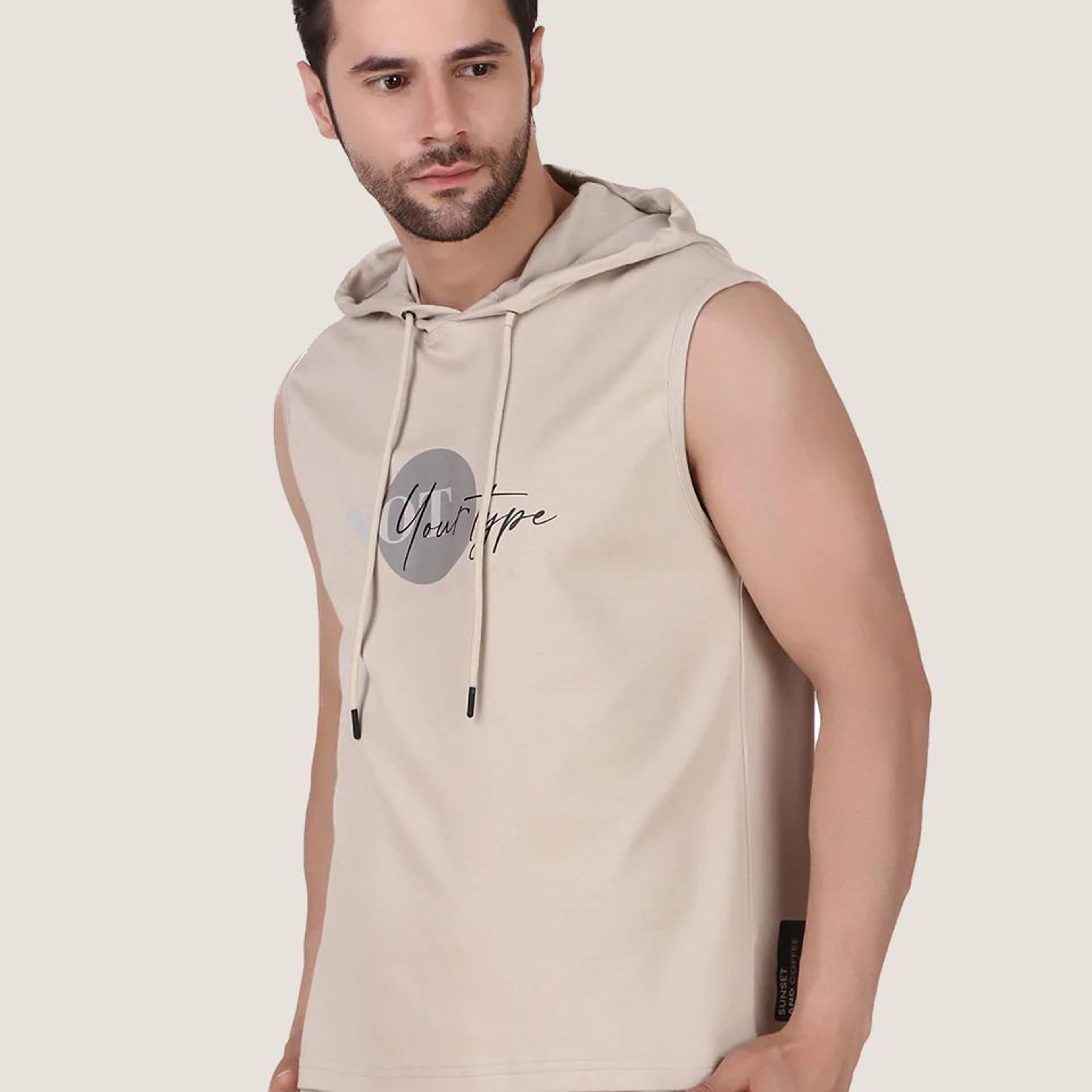 Beige Printed Sleeveless Hoodie