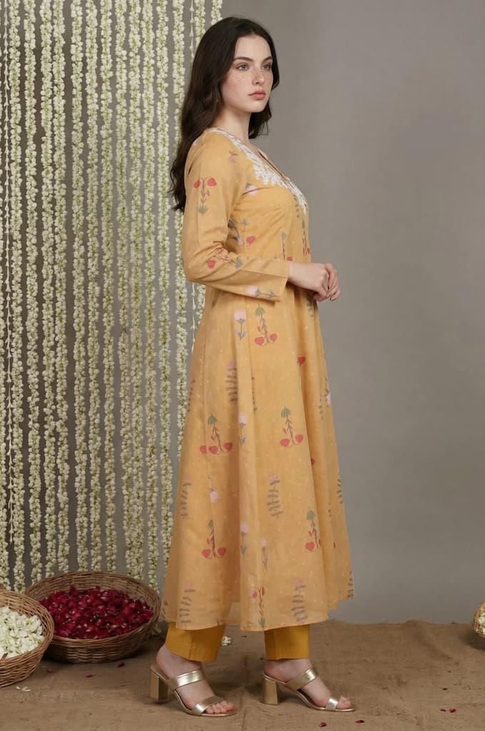 Yellow Floral Printed Anarkali Kurta with Straight Pant and Dupatta Set — photo 5