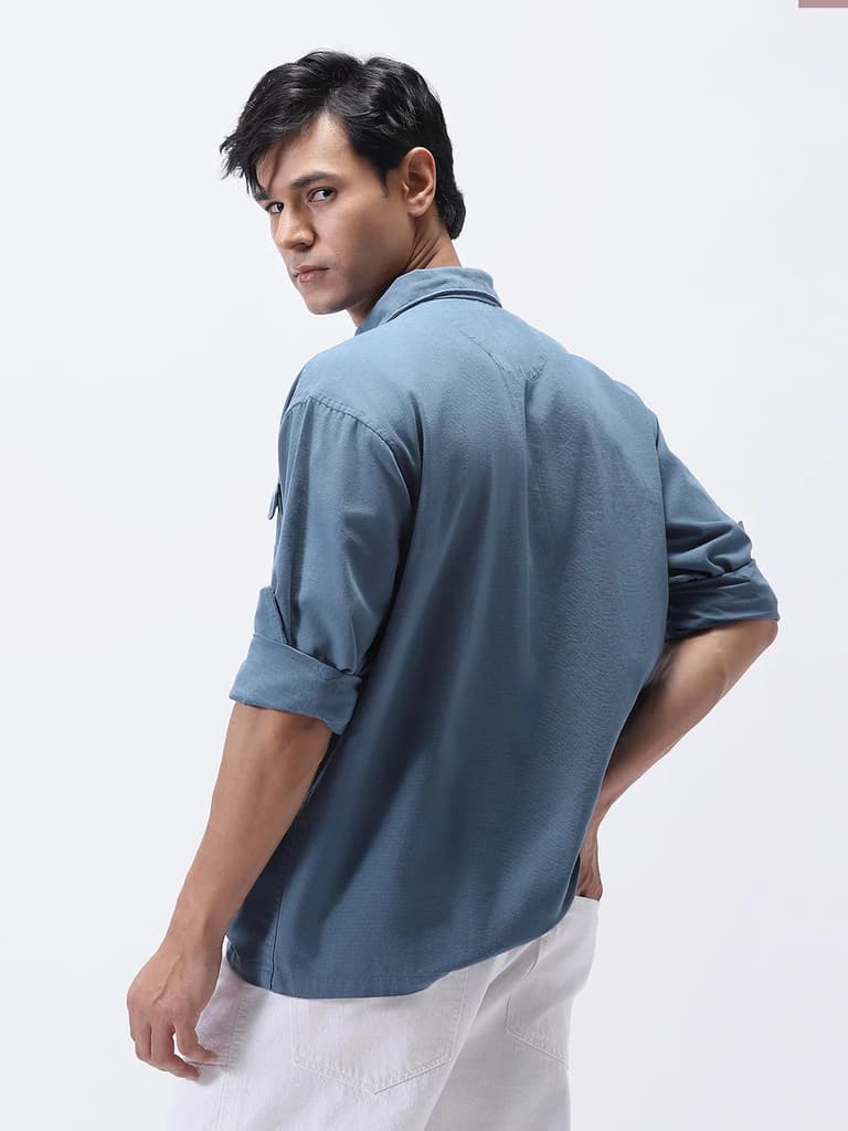 Men's Blue Cotton Full Sleeve Relaxed Fit Shacket with Utility Pockets — photo 4