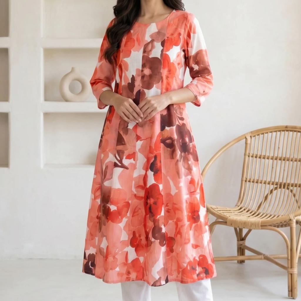 Peach Floral Printed Cotton Flax A-line Kurta