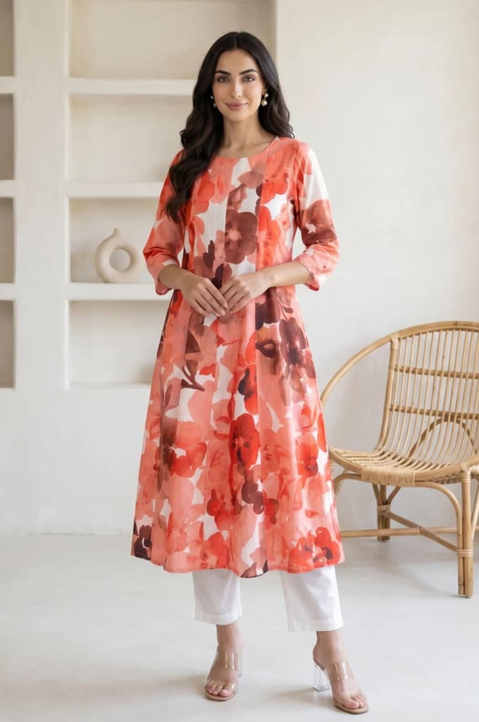 Peach Floral Printed Cotton Flax A-line Kurta — XS