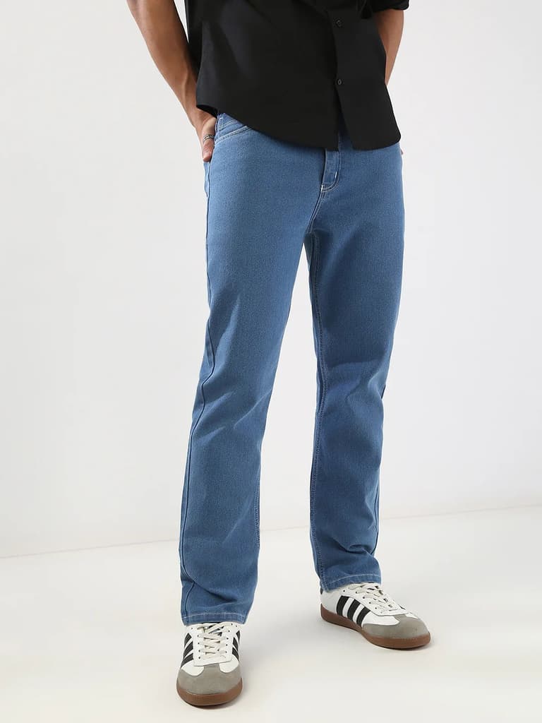 Men's Light Blue Straight Fit Washed Jeans Stretchable — 28 / Light Blue