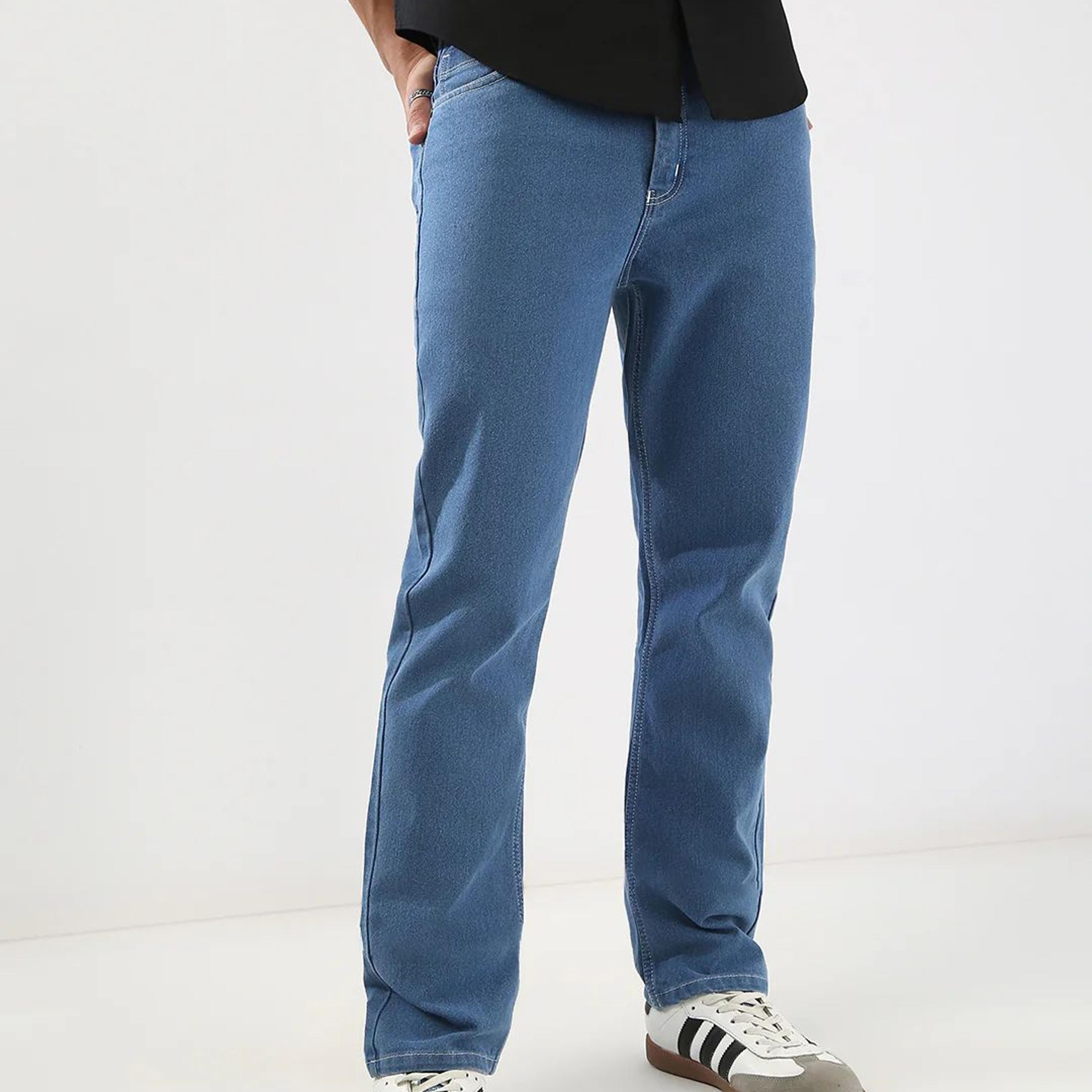 Men's Light Blue Straight Fit Washed Jeans Stretchable