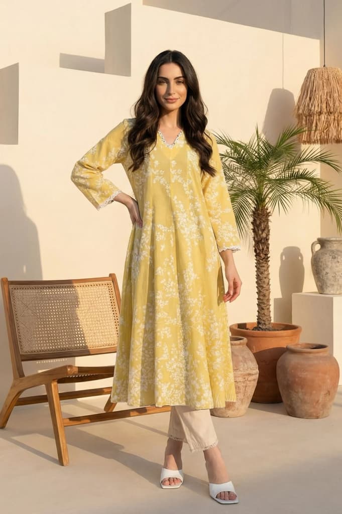 Yellow Floral Printed Lace Pure Cotton A-line Kurta — XS
