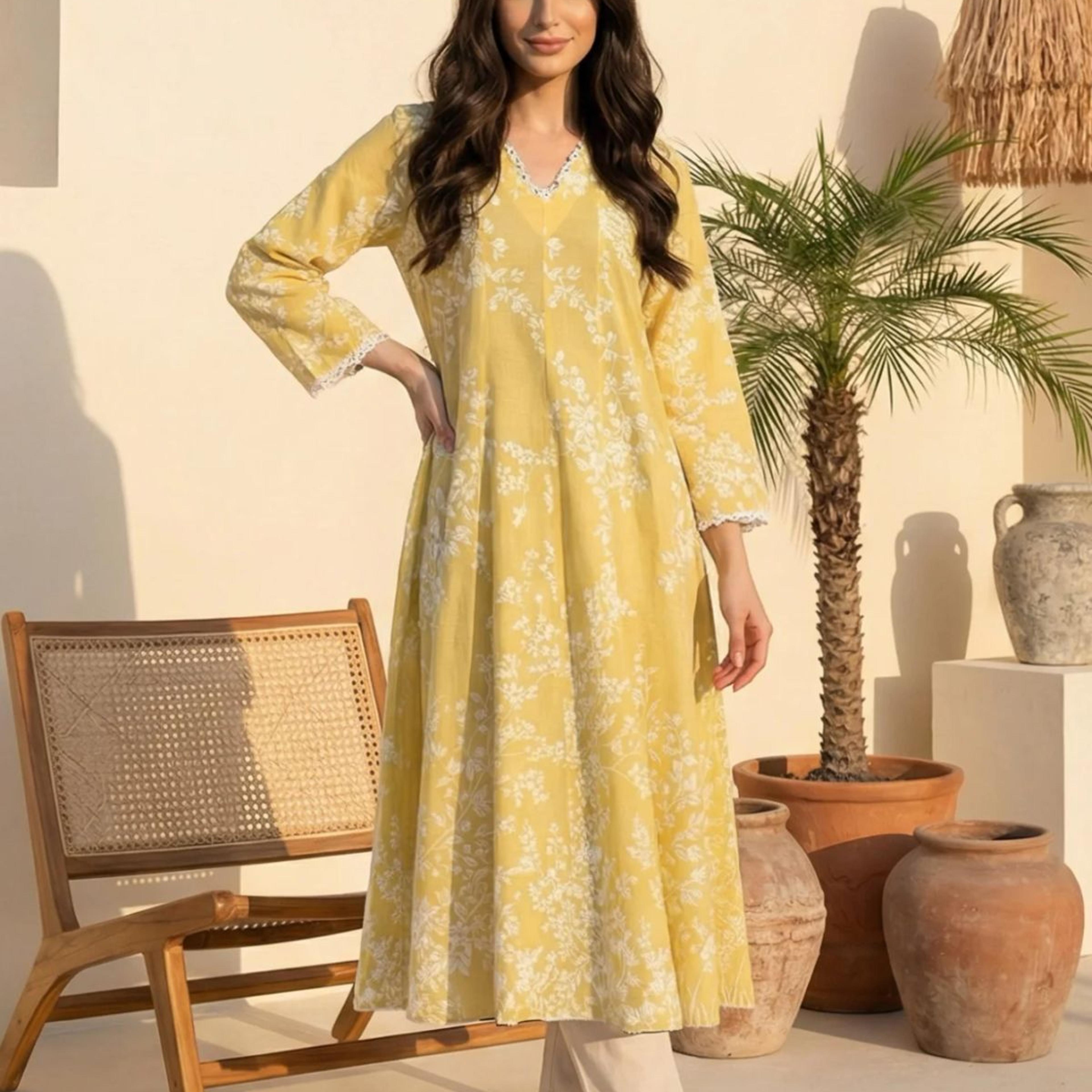 Yellow Floral Printed Lace Pure Cotton A-line Kurta