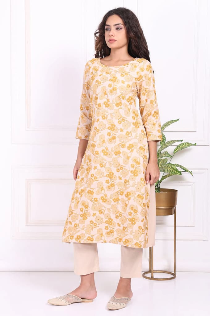 Yellow Floral Embroidered Straight Rayon Kurta and Straight Pant Set — photo 4