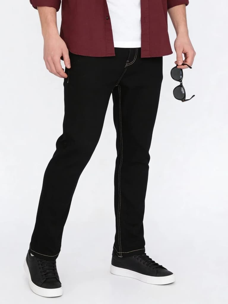 Men's Black Straight Fit Raw Washed Denim Jeans Stretchable — 28 / Black