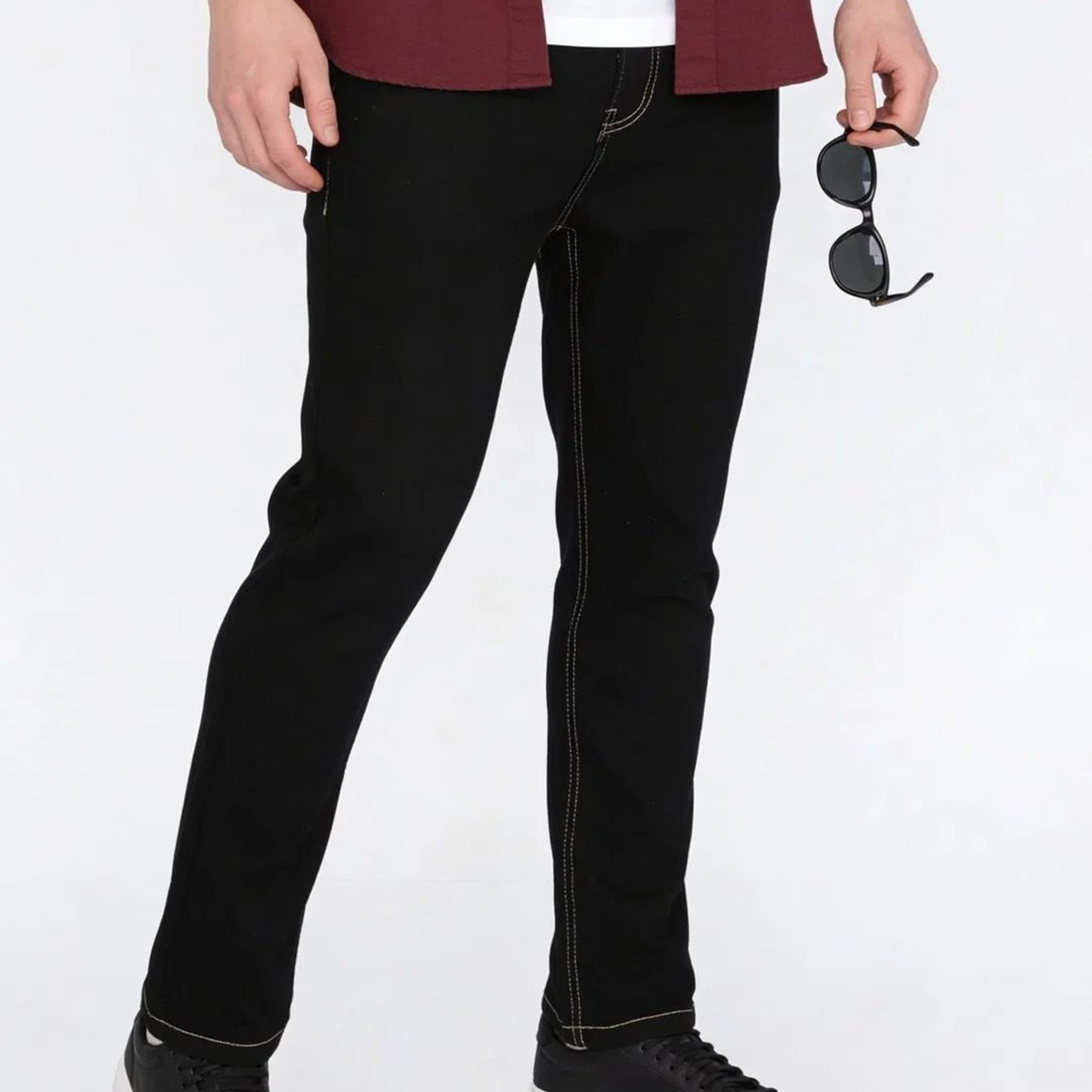 Men's Black Straight Fit Raw Washed Denim Jeans Stretchable
