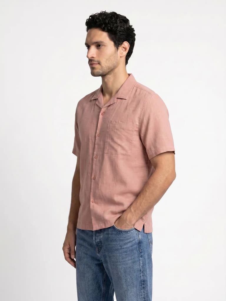 Men's Dusty Pink Linen Half Sleeve Oversized Fit Shirt with Cuban Collar — photo 2
