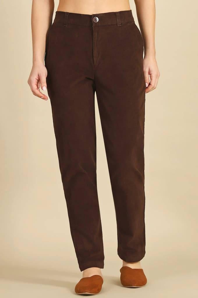 Brown Solid Straight Fit Cotton Pants with YKK Zipper — photo 2