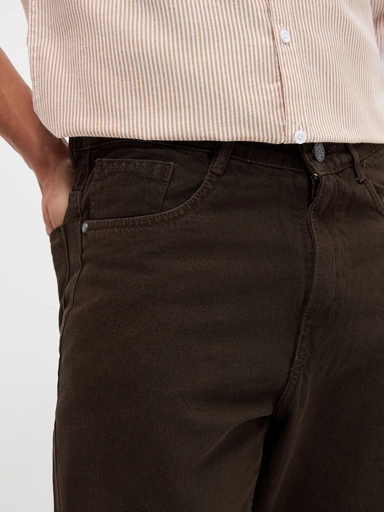 Men's Dark Brown Loose Baggy Fit Washed Denim Jeans Non-Stretchable — photo 5