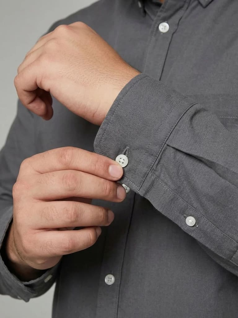 Plus Men's Grey Cotton Full Sleeve Regular Fit Solid Oxford Shirt With Button-Down Collar — photo 5