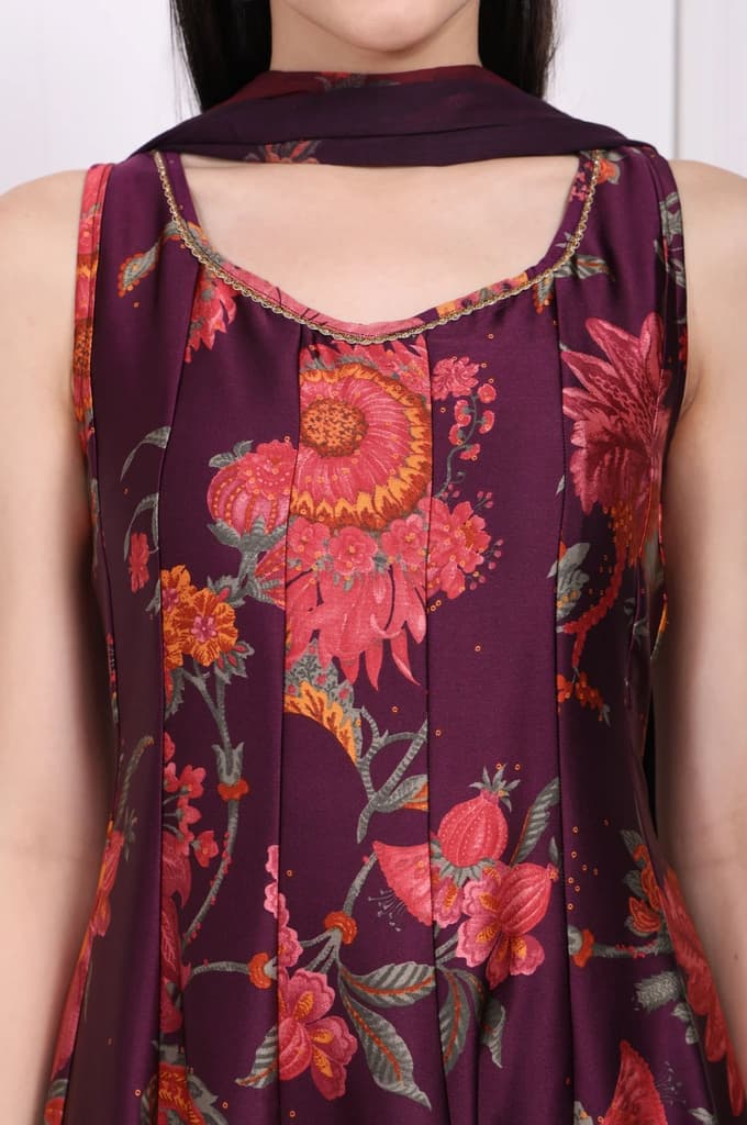 Purple Floral Printed Embellished Anarkali Satin Kurta with Straight Pant and Dupatta Set — photo 3