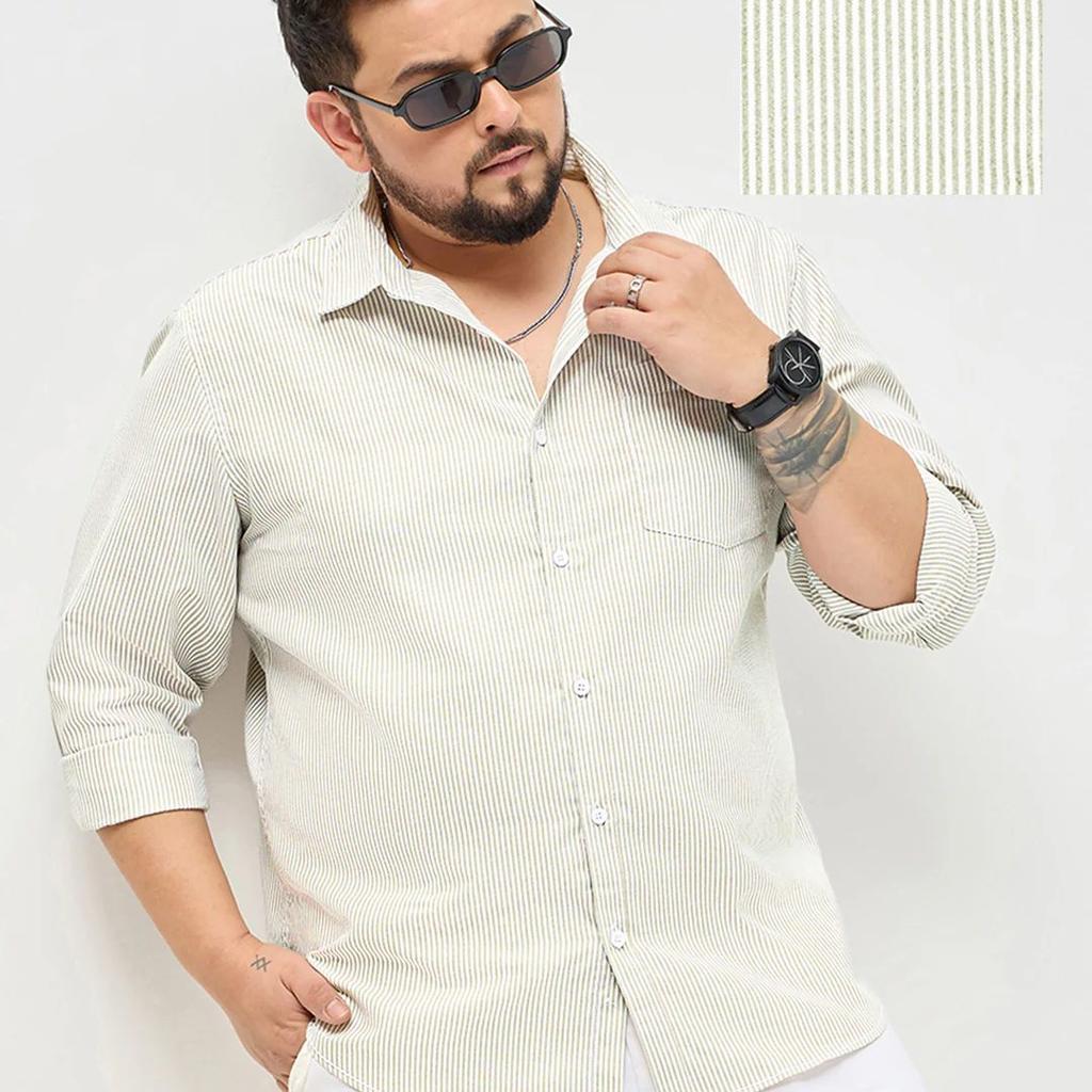 Plus Men's Light Olive Cotton Full Sleeve Regular Fit Casual Striped Shirt