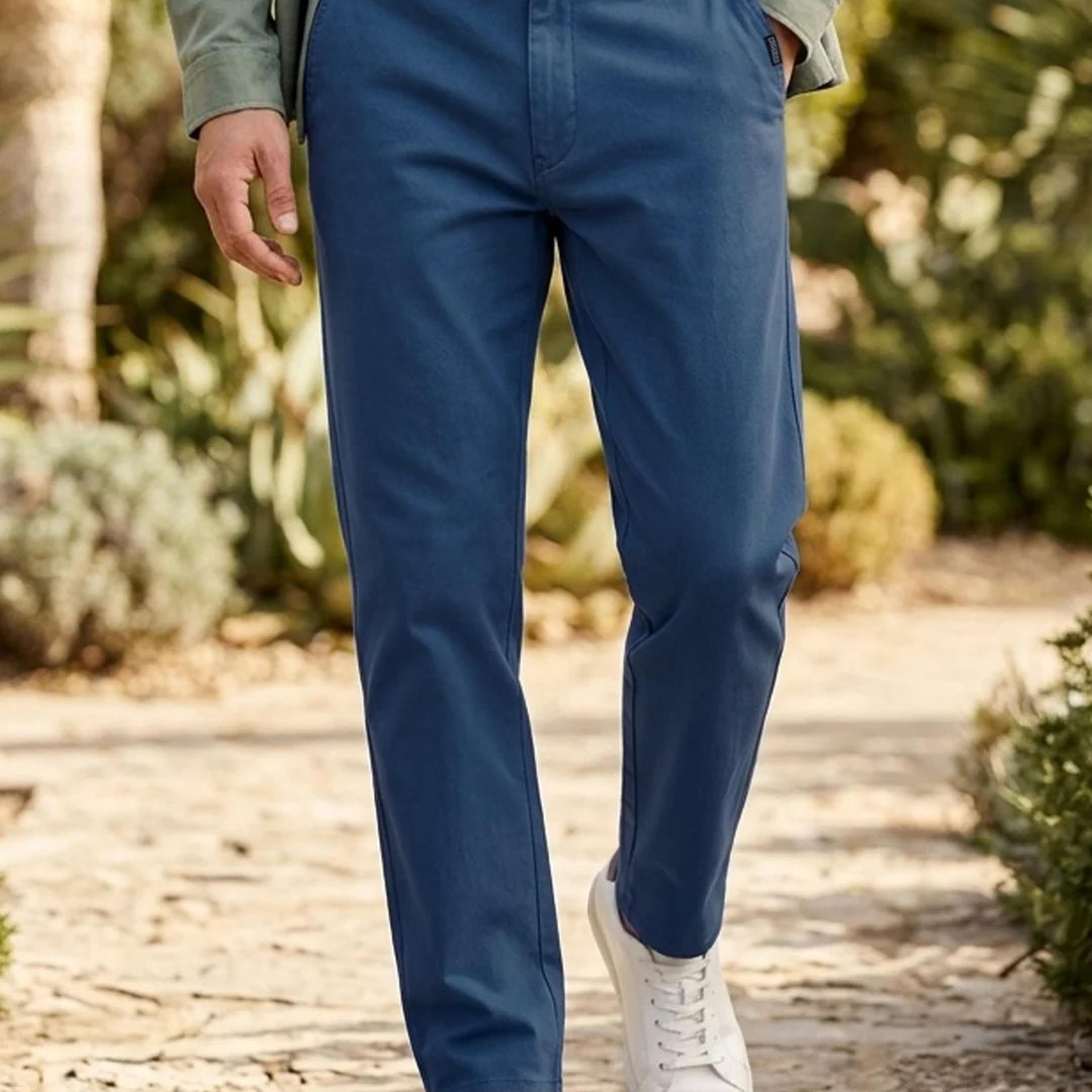 Men's Royal Blue Cotton Regular Fit Casual Chinos Trousers Stretch