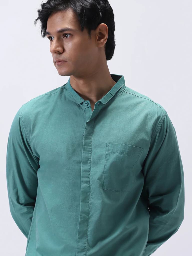 Men's Light Teal Cotton Full Sleeve Regular Fit Casual Solid Shirt with Band Collar — photo 5