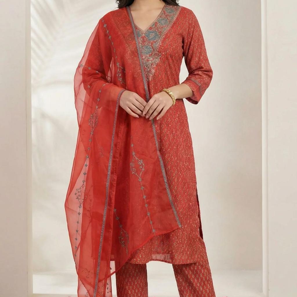 Red Floral Printed Sequins Chanderi Straight Kurta with Straight Pants and Dupatta Set
