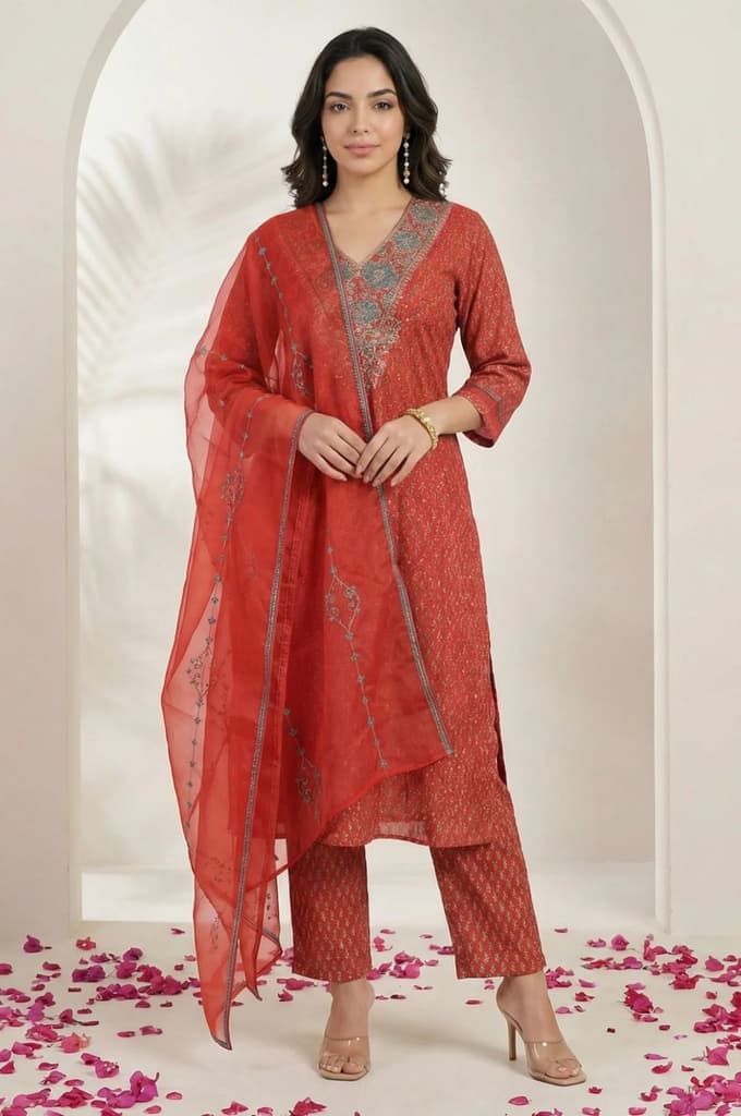Red Floral Printed Sequins Chanderi Straight Kurta with Straight Pants and Dupatta Set — XS