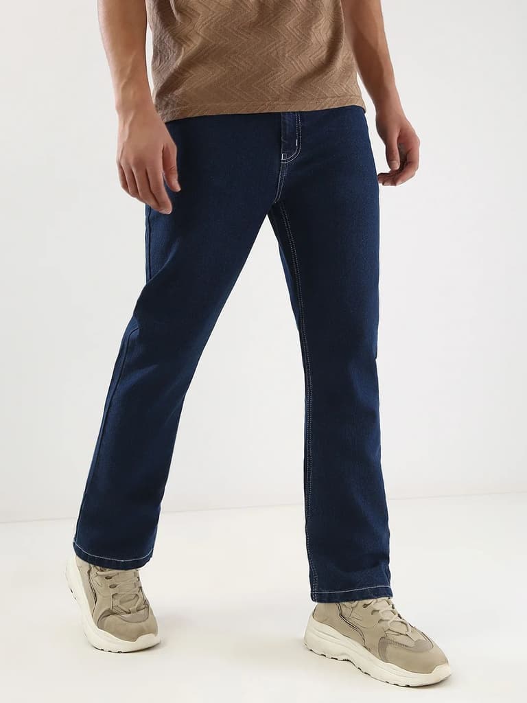 Men's Blue Straight Fit Washed Jeans Stretchable — 28 / Blue