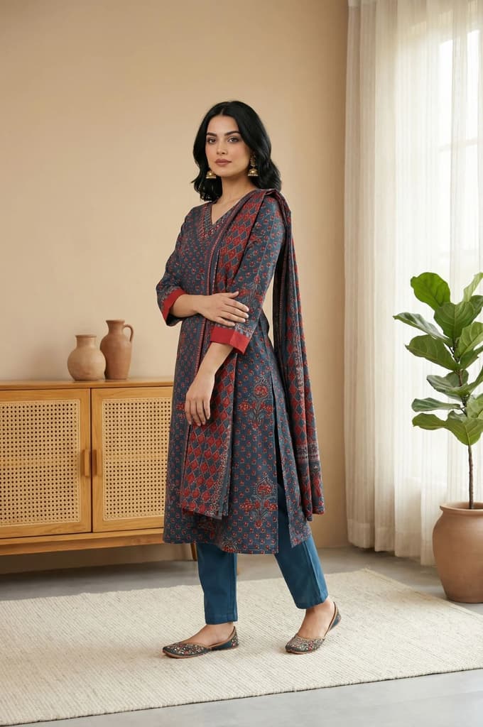 Blue Floral Printed Crepe Straight Kurta with Pants and Dupatta Set — photo 6
