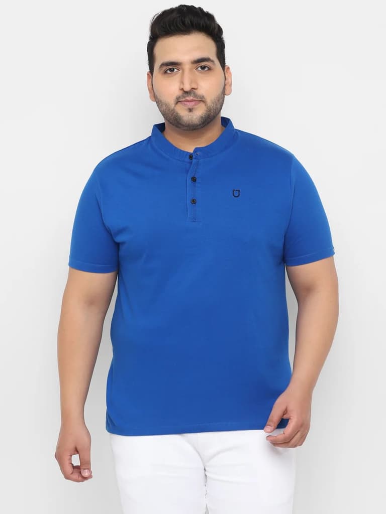 Plus Men's Royal Blue Solid Mandarin Collar Regular Fit Cotton T-Shirt — photo 2